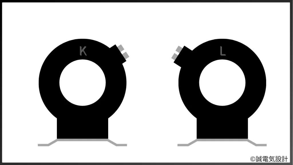 零相変流器の外観。K（電源側）とL（負荷側）はエンボス加工で少しわかりにくい。